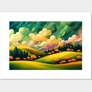 Abstract landscape with hills and trees and cloudy sky. Posters and Art